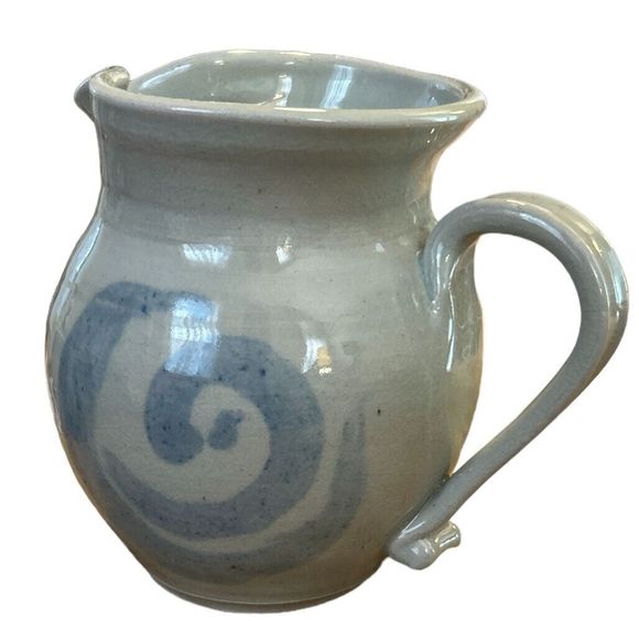 Light Gray Glazed Pottery Pitcher with Abstract Design - Picture 2 of 8
